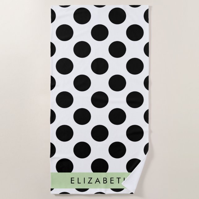 Black and White Polka Dots, Dotted, Your Name Beach Towel (Front)