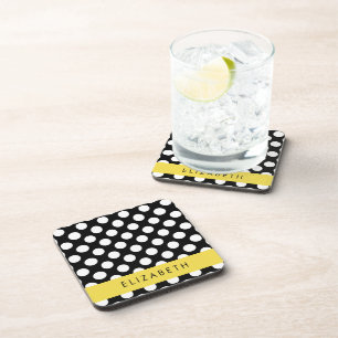 Black and White Polka Dots, Dotted, Your Name Coaster