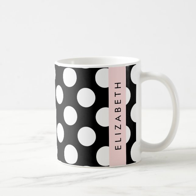 Black and White Polka Dots, Dotted, Your Name Coffee Mug (Right)