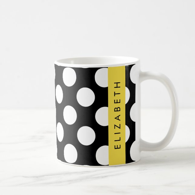 Black and White Polka Dots, Dotted, Your Name Coffee Mug (Right)