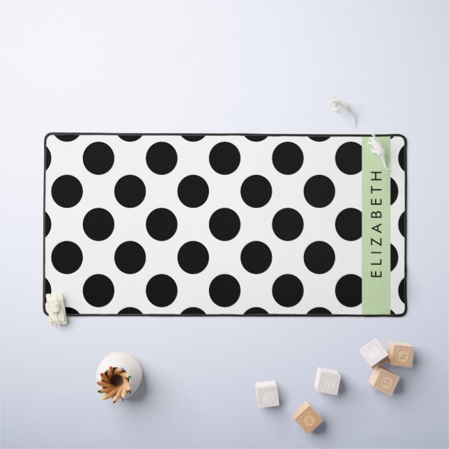 Black and White Polka Dots, Dotted, Your Name Desk Mat (Kids Table)