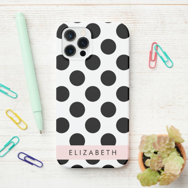 Black and White Polka Dots, Dotted, Your Name iPhone Case (On Desk)