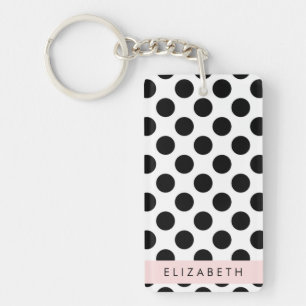 Black and White Polka Dots, Dotted, Your Name Keychain