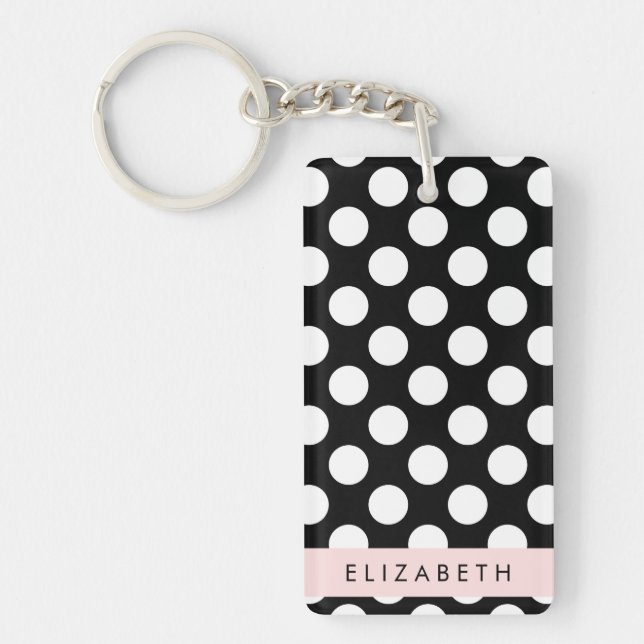 Black and White Polka Dots, Dotted, Your Name Keychain (Front)