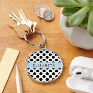 Black and White Polka Dots, Dotted, Your Name Keychain