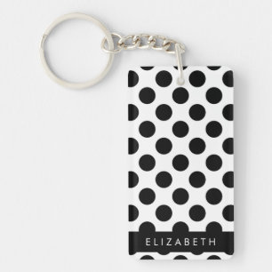 Black and White Polka Dots, Dotted, Your Name Keychain