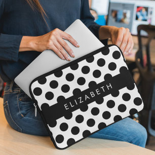 Black and White Polka Dots, Dotted, Your Name Laptop Sleeve