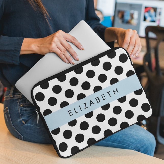 Black and White Polka Dots, Dotted, Your Name Laptop Sleeve (Creator Uploaded)