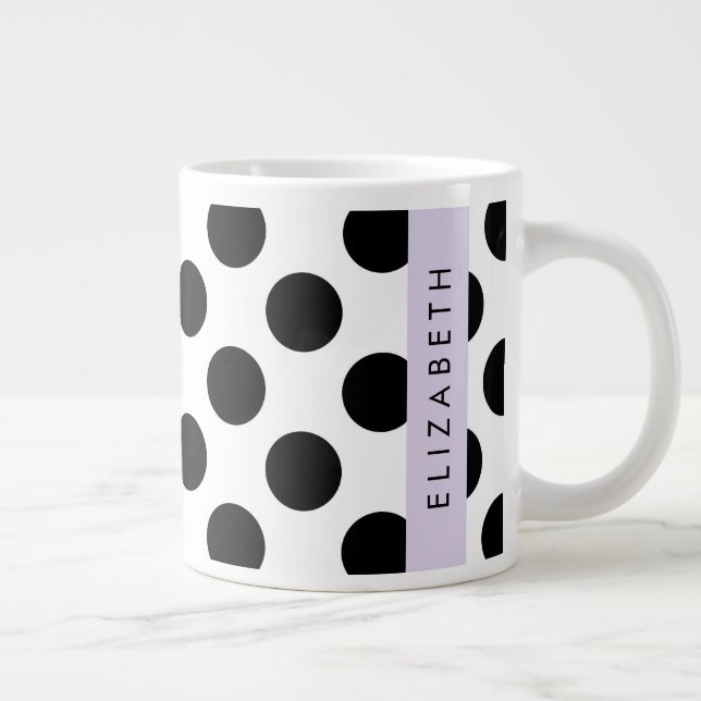 Black and White Polka Dots, Dotted, Your Name Large Coffee Mug (Right)