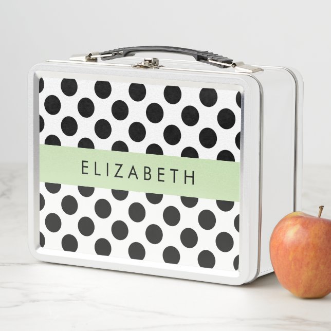 Black and White Polka Dots, Dotted, Your Name Metal Lunch Box (In Situ)