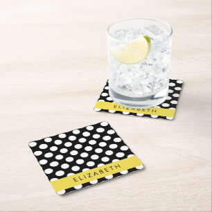 Black and White Polka Dots, Dotted, Your Name Square Paper Coaster