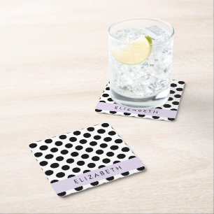 Black and White Polka Dots, Dotted, Your Name Square Paper Coaster