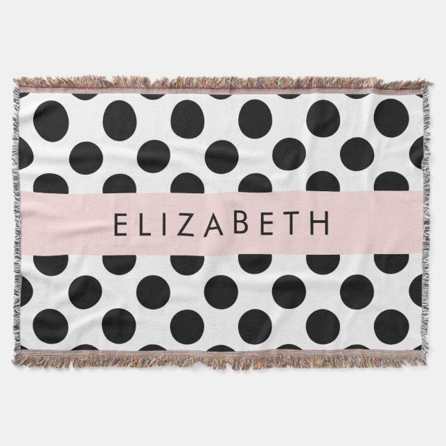 Black and White Polka Dots, Dotted, Your Name Throw Blanket (Front)