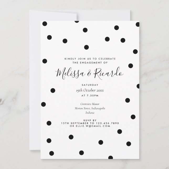 Black and White Polka Dots Modern Engagement Party Invitation (Front)
