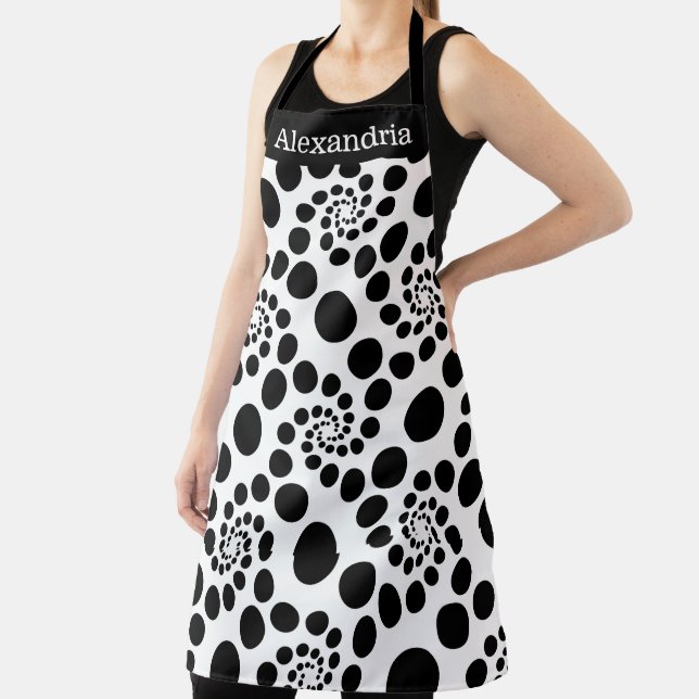 Black and White Polka Dots Modern Name Apron (Insitu)