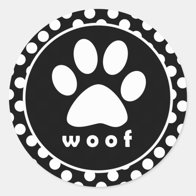 Black and White Polka Dots; Paw Print Classic Round Sticker (Front)