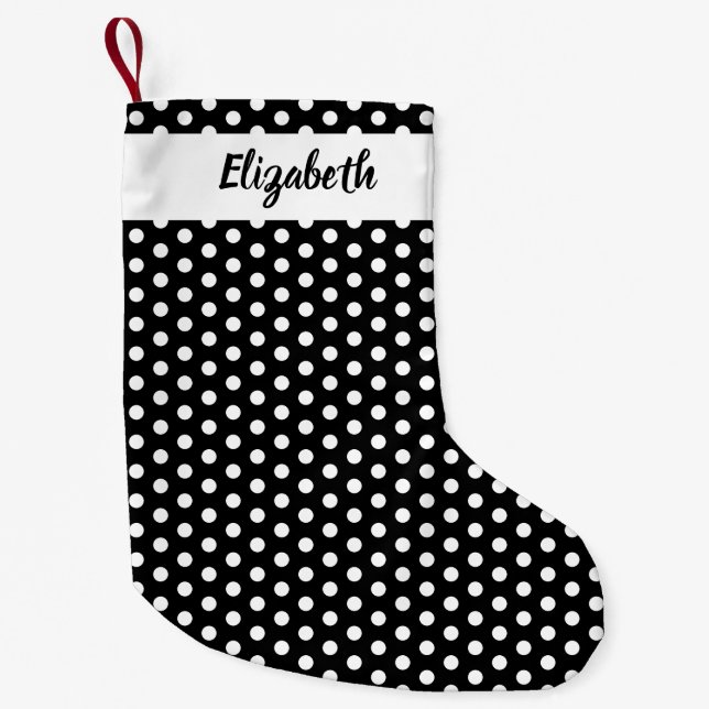 Black and White Polka Dots Personalized Custom  Small Christmas Stocking (Front)