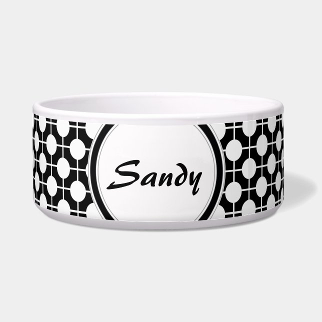 Black and White Polka Dots Personalized Pet Bowl (Front)