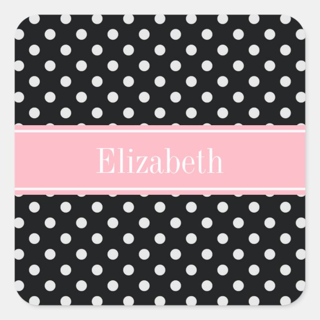Black and White Polka Dots Pink Name Monogram Square Sticker (Front)