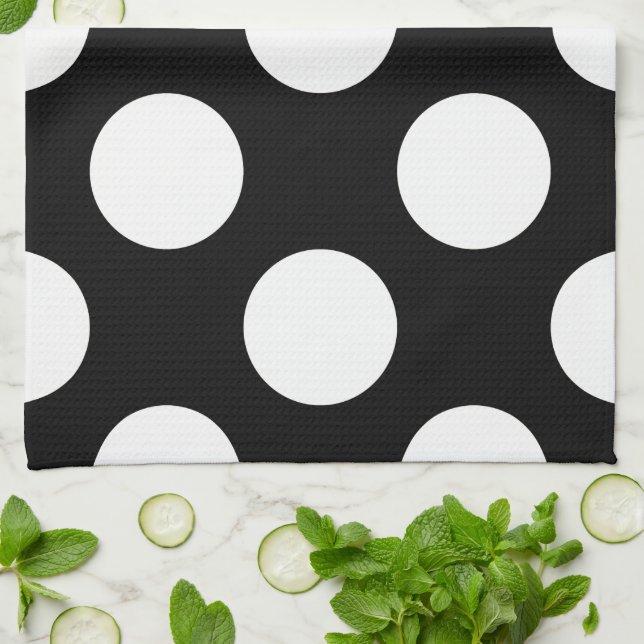 Black and White Polka Dots, Polka Dot Pattern Kitchen Towel (Folded)