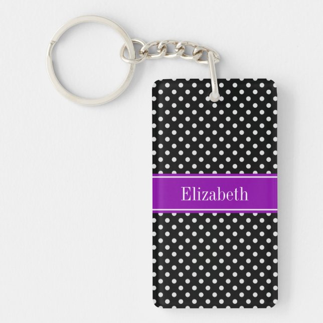Black and White Polka Dots Purple Name Monogram Keychain (Front)