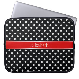 Black and White Polka Dots Red Name Monogram Laptop Sleeve