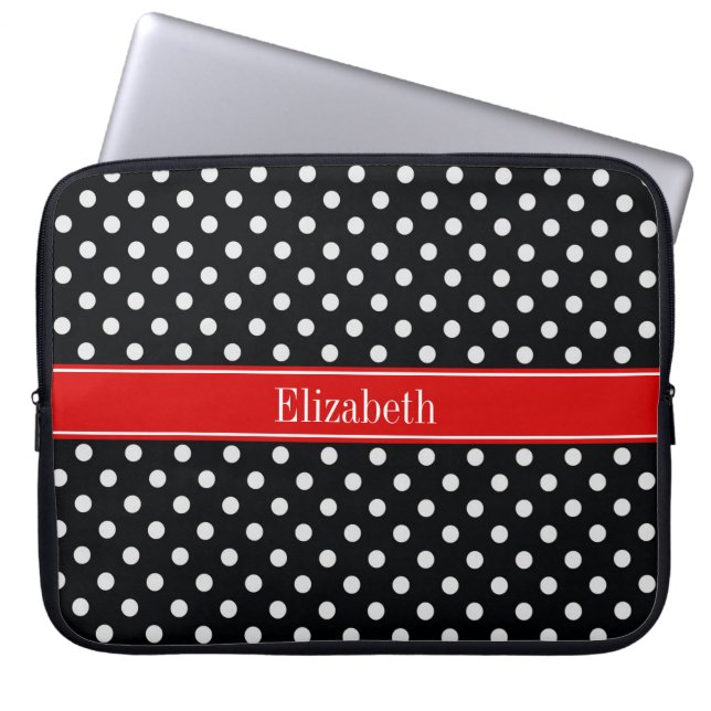 Black and White Polka Dots Red Name Monogram Laptop Sleeve (Front)