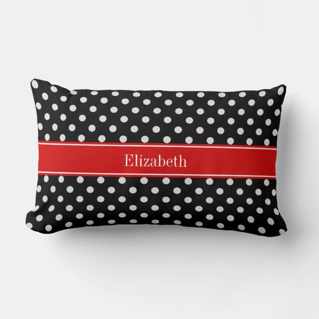 Black and White Polka Dots Red Name Monogram Lumbar Pillow (Front)