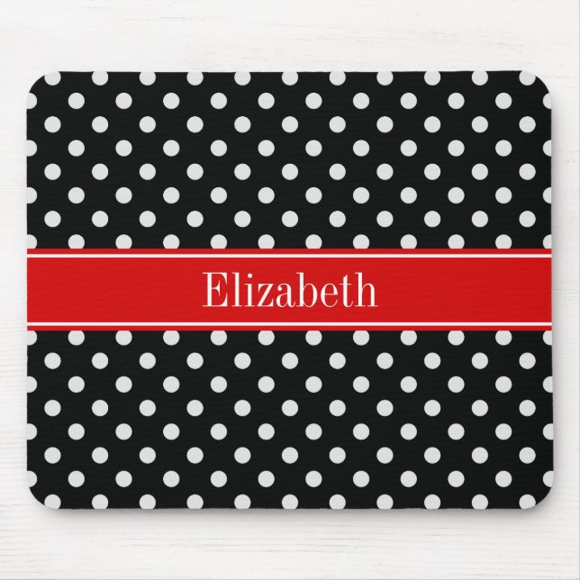 Black and White Polka Dots Red Name Monogram Mouse Pad (Front)
