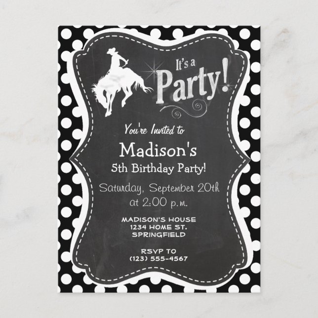 Black and White Polka Dots; Rodeo Cowboy Invitation Postcard (Front)