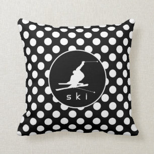 Black and White Polka Dots; Snow Ski Throw Pillow