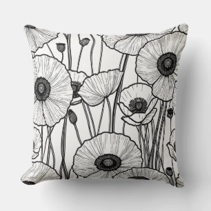 Black and white poppy abstract throw pillow