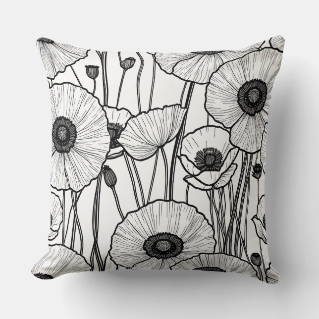 Black and white poppy abstract throw pillow (Front)