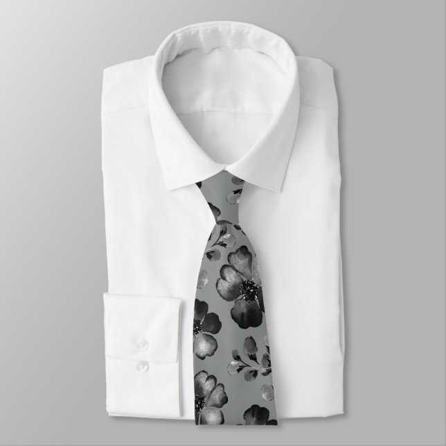 Black And White Poppy Greenery Mid Grey Wedding Tie (Tied)