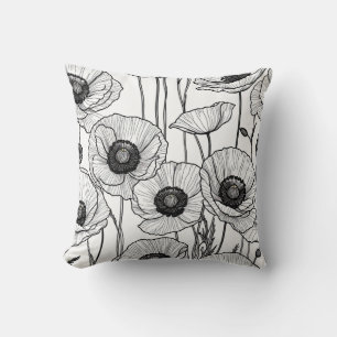 Black and white poppy line art throw pillow