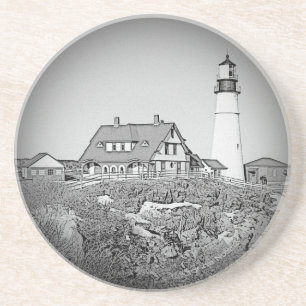 Black And White Portland Head Lighthouse Coaster
