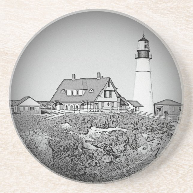 Black And White Portland Head Lighthouse Coaster (Front)