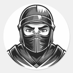 Black and white portrait head male warrior ninja classic round sticker