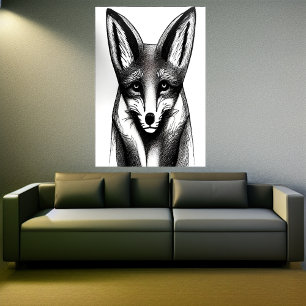 Black and white portrait of a fox   AI Art Poster