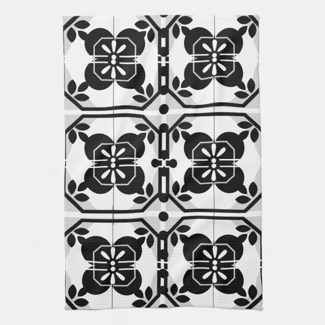 Black and White Portuguese Tile Farmhouse Design Kitchen Towel (Vertical)
