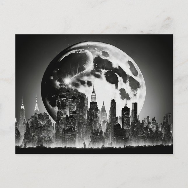 Black and White Postcard of a Full Moon and City  (Front)