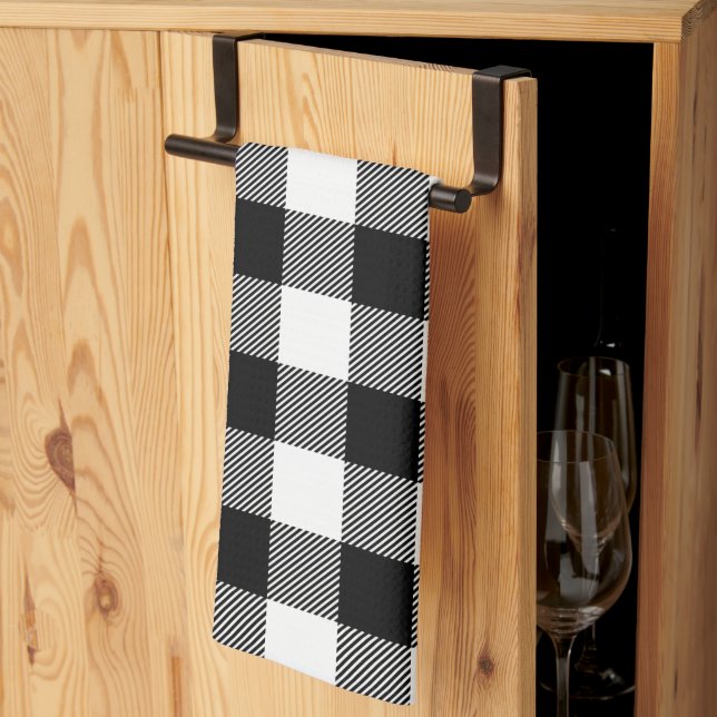 Black and White Preppy Buffalo Check Plaid Kitchen Towel (Thirds Fold)