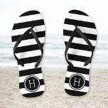 Black and White Preppy Stripes Monogram Flip Flops<br><div class="desc">Custom printed flip flop sandals with a preppy nautical stripe pattern and your custom monogram or other text in a circle frame. Click Customize It to change text fonts and colours or add your own images to create a unique one of a kind design!</div>