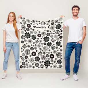  Black and White Pretty Flowers Boho Add Your Name Fleece Blanket