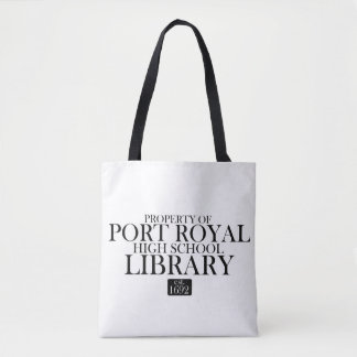 Black and white PRHS LIBRARY tote bag. Bag