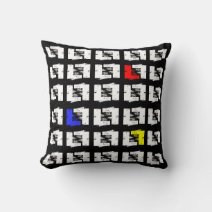 Black and White Primary Colours Geo Sketch Squares Throw Pillow