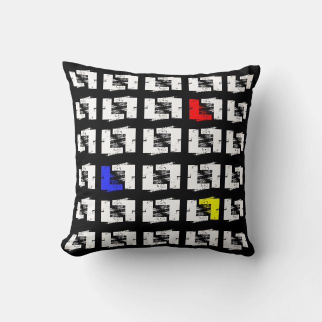 Black and White Primary Colours Geo Sketch Squares Throw Pillow (Front)