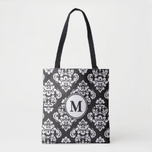 Black and White Print  Pattern Monogram Tote Bag
