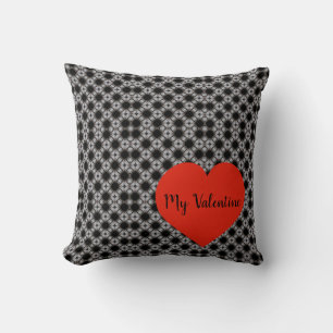 Black And White Print With Red Heart Throw Pillow