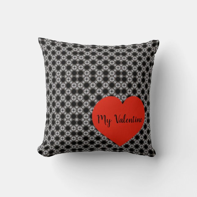 Black And White Print With Red Heart Throw Pillow (Front)